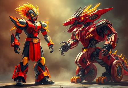 The artwork vividly depicts an epic scene of two distinct robots: a Cyber Magician and a Proto-Cyber Dragon. The Cyber Magician, standing proudly with a red and black body and a vibrant yellow head, is adorned with orange arms and legs that add a burst of color. On the right, the Proto-Cyber Dragon, transformed from a cyborg, showcases a red and black exterior with a yellow roof that matches the Cyber Magician's head. Its orange wheels echo the robot's arms and legs, creating a harmonious color contrast. The captivating 4K illustration boasts lifelike details, intricate facial and clothing features, and vibrant hues. With stunning colors, impeccable composition, and epic cinematic lighting, the image is a masterpiece in contemporary aesthetics.