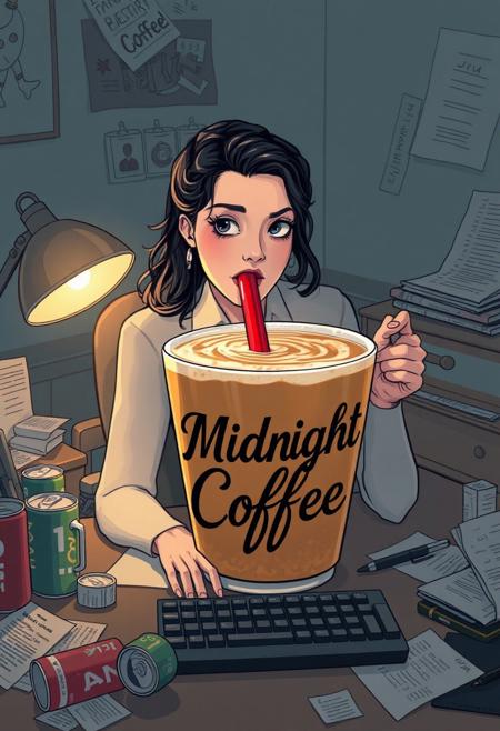"Illustrate a woman sitting at a cluttered desk, surrounded by empty energy drink cans and scattered papers. In front of her, a gargantuan cup of coffee towers over the table, the phrase 'Midnight Coffee' emblazoned on the side in bold, cursive script. She's drinking from the cup via a gigantic red straw. As she sips, her gaze meets the viewer's, a hint of defiance in her eyes, as if to say 'don't judge me' for her unorthodox coffee-drinking method. The straw's suction creates a whirlpool effect in the coffee, with creamy foam swirling around the straw's entrance. Her eyes gleam with determination, and her fingers hover over the keyboard, ready to tackle the night's work. The surroundings are dimly lit, with a single desk lamp casting a warm glow on the scene." highest-Quality, intricate details, visually stunning, Masterpiece