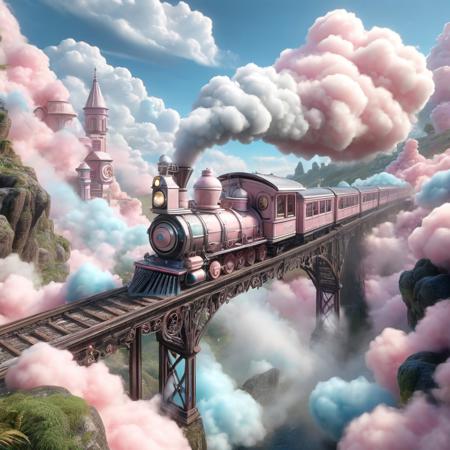 A steam train, cottoncandy smoke puffs from funnel, on a high rickety bridge over a ravine,
surreal, quirky,
 <lora:Wookiee_Hair:1> made of w00kiee, Masterpiece,best quality,hi res,8k,hi res,8k,award winning,(sharp focus, intricate, highly detailed),