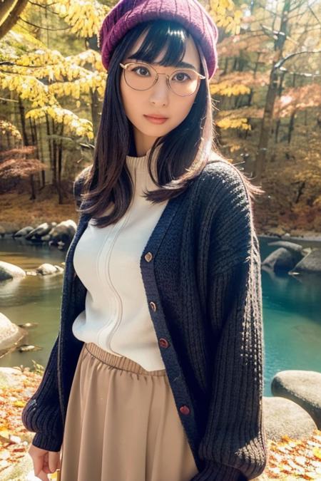 1girl,(wearing a cardigan and long skirt:1.2),(wearing a wooly beret),(RAW photo, best quality), (realistic, photo-realistic:1.4), masterpiece, an extremely delicate and beautiful, extremely detailed, 2k wallpaper, Amazing, finely detail, extremely detailed CG unity 8k wallpaper, ultra-detailed, highres, soft light, beautiful detailed girl, extremely detailed eyes and face, beautiful detailed nose, beautiful detailed eyes,cinematic lighting,(in a beautiful forest of pine trees at a Japanese countryside),(autumn scenery:1.3),(maple trees in autumn),(by a small rocky river),(morning light),perfect anatomy,slender body,smiling, <lora:hashiyasumeatsuko_lora:0.8>,(wearing glasses)