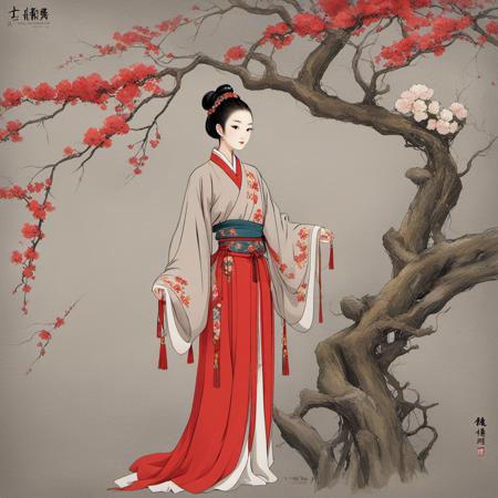 <lora:hannv:0.9>,LU,1girl,solo,black hair,flower,sash,chinese clothes,hair bun,full body,hanfu,branch,red lips,long sleeves,standing,hair ornament,makeup,wide sleeves,single hair bun,holding,updo,closed mouth,tassel,lipstick,closed eyes,tree,grey background,red dress,Chinese Hanfu,