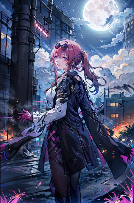 (extremely detailed CG unity 8k wallpaper),(ultra-detailed),masterpiece,best quality,
\\,
kafuka,1girl,solo,purple eyes,eyewear on head,smile,gloves,looking at viewer,long hair,shirt,white shirt,breasts,sunglasses,bangs,crossed arms,pink hair,jacket on shoulders,long sleeves,jacket,large breasts,string,grin,coat,ponytail,skirt,
starry sky,((trim)),incredibly_absurdres,(ray tracing),(Autumn),(glowing light),(signature),((moon)),((beautiful sky)),(scenery),((cityscape)),(cloud),((cyberpunk)),(building,),((fog)),(pine),(dandelion),(((border))),facing away,from behind,
<lora:kafuka-v2:0.7>,