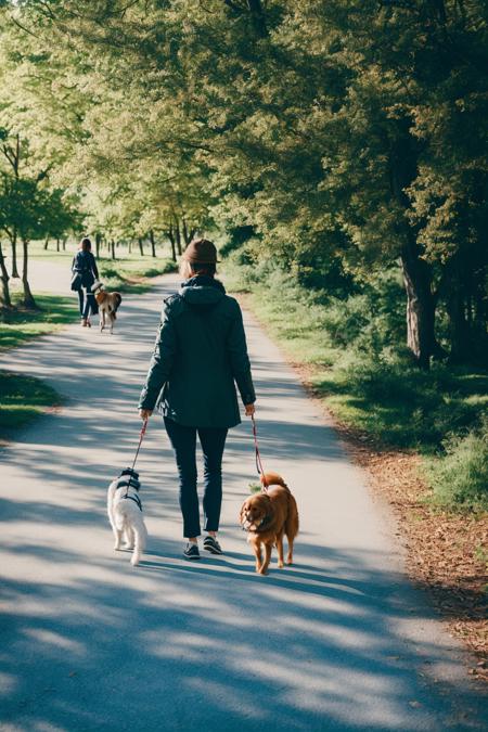 (photo) of a person walking her dog