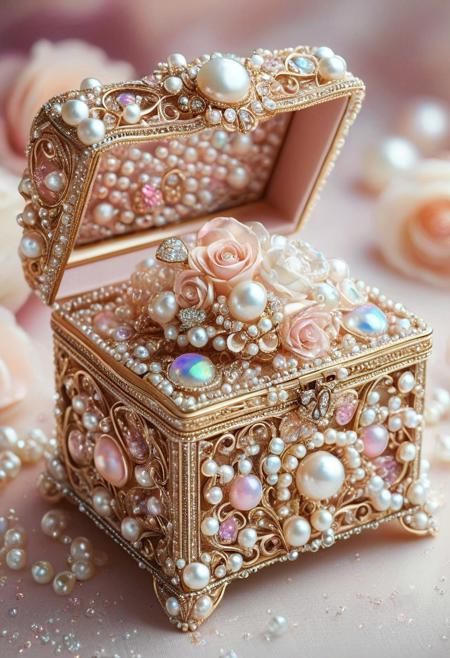 Gold, diamonds, and pearls. A intricate gold filigree pink floral jewelry box. Roses, flowers. Beautiful luxury jewelry. Rings, necklaces, bracelets. glittering colorful Pearly beautiful stunning jewels. Pearlum, iridescent shimmering, soft bokeh background, fairytale, magical romantic masterpiece, best quality, amazing quality, very aesthetic, high res, detailed