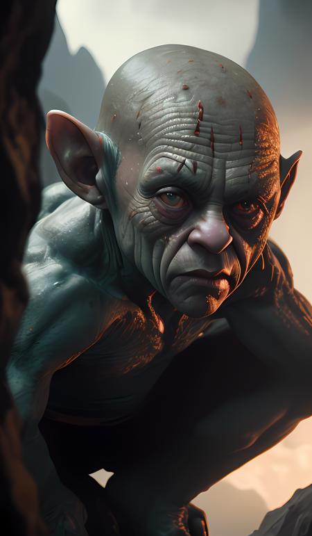 hyperrealistic mixed media high resolution painting of Danny DeVito Gollum perched in a dark cave, stunning 3d render inspired art by Jamie Salmon and Istvn Sndorfi and Unreal Engine and Greg Rutkowski, perfect facial symmetry, dim volumetric lighting, 8k octane beautifully detailed render, full body shot, post-processing, extremely hyper-detailed, intricate, epic composition, highly detailed attributes, highly detailed atmosphere, cinematic lighting, masterpiece, trending on artstation, very very detailed, masterpiece, stunning, flawless completion, lifelike texture, perfection,