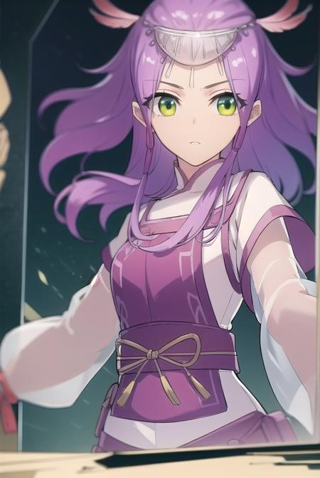 xiao yi xian, long hair, (green eyes:1.5), purple hair, long sleeves, dress, 