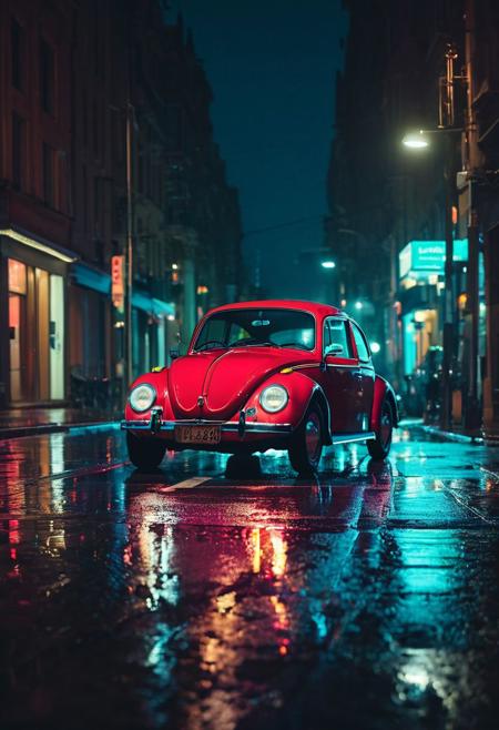 cinematic still, a volkswagen beetle driving on a city street at night, neon light reflecting on the wet streets, headlights illuminating the scene and casting a warm glow on the wet pavement <lora:MoreArtFull_v1:1>, emotional, harmonious, vignette, highly detailed, high budget, bokeh effect, cinemascope, moody, epic, gorgeous, film grain, grainy