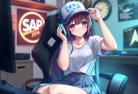 Beautifull yang 20 years old anime girl in her gaming room. The girl sitting on the chair in skirt and cap on her head with logo SAP text, puting one hand on her head and have headset in her other hand. High detail and an overall serene, masterpiece quality.