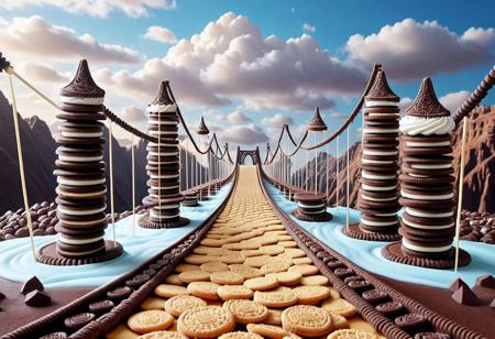 cookie suspension bridge crossing a canyon of milk, made of creamy cookies and biscuit layers, caramel cables and chocolate towers, wafer floor planks, magical landscape with pastel colors, clouds of whipped cream, candy rocks, surreal and dreamy, highly detailed, best quality, masterpiece, made of creamy cookies, cookie suspension bridge, caramel cables, canyon of milk, whipped cream clouds, biscuit texture, wafer flooring, pastel light, dreamy glow