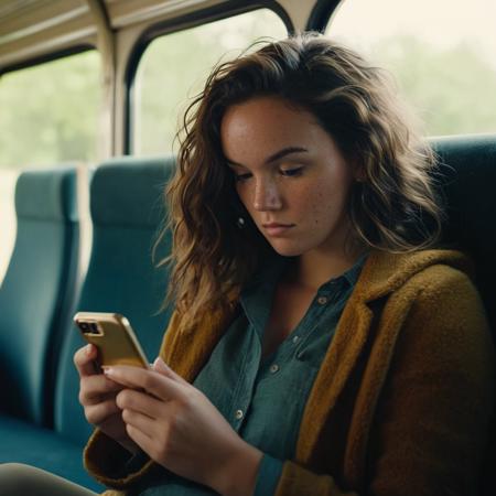 cinematic film still of Perfect Detailed messy hair freckles:0.5
<lora:Shannon Purser:1.2> Shannon Purser
a young woman sitting in a bus looking at her cell phone cinematic vintage film style, shallow depth of field, vignette, highly detailed, high budget, bokeh, cinemascope, moody, epic, gorgeous, film grain, grainy