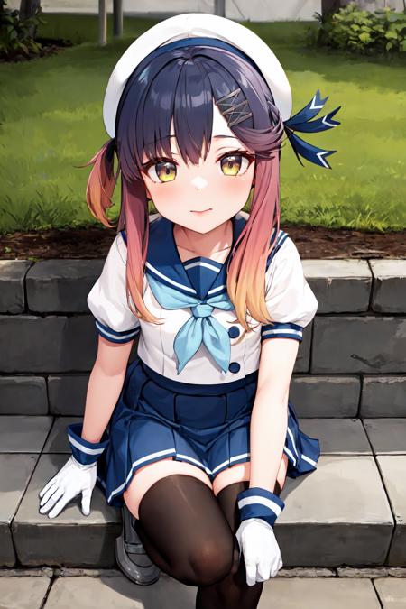 <lora:TsushimaKancolle:1>, 1girl. solo,
tsushima \(kancolle\), purple hair, orange hair, gradient hair, multicolored hair, sidelocks, yellow eyes,
school uniform, serafuku, white headwear, sailor hat, blue ribbon, hair ornament, hairclip, blue sailor collar, blue neckerchief, puffy short sleeves, white gloves, blue skirt, pleated skirt, black thighhighs, grey footwear, shoes,
outdoors,