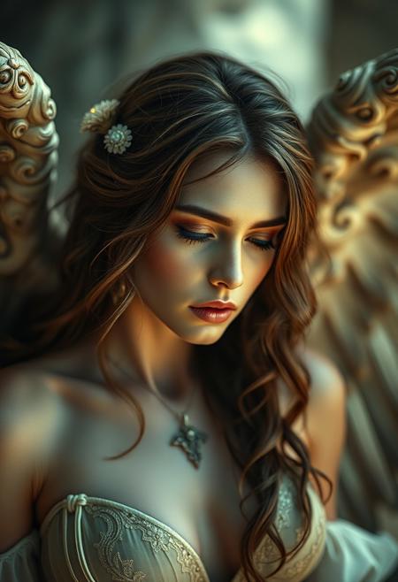 Masterpiece, hyperrealistic photograph, stunning ,THE angel of death  raw captivating sensuality, 8K resolution, cinematic depth of field, soft bokeh, very aesthetic, alluring provocative sophisticated atmosphere, vignette.