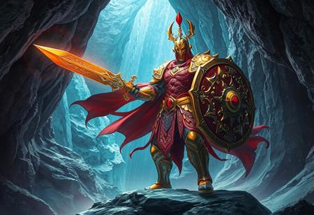 The image depicts a powerful Conduction Warrior Linear Magnum ±, radiating strength and ready for battle. Wearing vibrant red and gold armor with intricate designs, the warrior stands on a cave, holding a gleaming sword and protective shield. Their stance, with one foot forward, suggests readiness. The Frozen Ice Cave background highlights the armor's striking colors. The 4K image boasts exceptional quality, lifelike details, sharp lines, harmonious colors, and a dynamic action pose, making it a captivating and trending piece on Artstation HD, 4K, and 8K platforms.