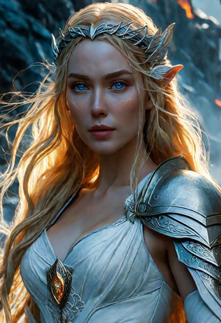High resolution ultra-realistic of Beautiful Galadriel, 8k, capturing the intensity of the moment, cinematic lighting, standing on a bloody and turbulent battlefield in a bloody battle, wavy blonde hair, realistic dirty pale face, realistic blue eyes, beautiful hourglass figure, burning in a fantasy Town, intricately designed cloth white robes, fantasy Lord of the Rings Aesthetic, perfect athletic figure, beautiful Galadriel, ultra realistic, cinematic style, vigorous and seductive. beautiful firm Breasts, athletic figure, dark fantasy style, dramatic lighting, wet and sweaty skin, dirty skin, athletic figure, dark fantasy, dramatic lighting, Greg Rutkowski style, Galadriel on in armor, hyper-detailed, hyper-realistic, natural light, extremely intricate details, masterpiece, epic, bright colours, Attractive 21 old years elf girl, Attractive, sharp focus, digital painting, Photograph Taken on Nikon D750, Alphonse Mucha, 8K, athletic figure, Hyperdetailed, hyperrealism, Attractive, Attractive bust girl, asymmetric balance
