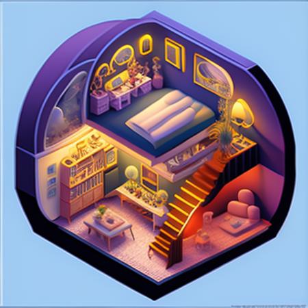 a photo of the clean Isometric_Dreams, a computer generated image of a bedroom and a living room in a spaceship like environment with stairs, and a bed, stairs