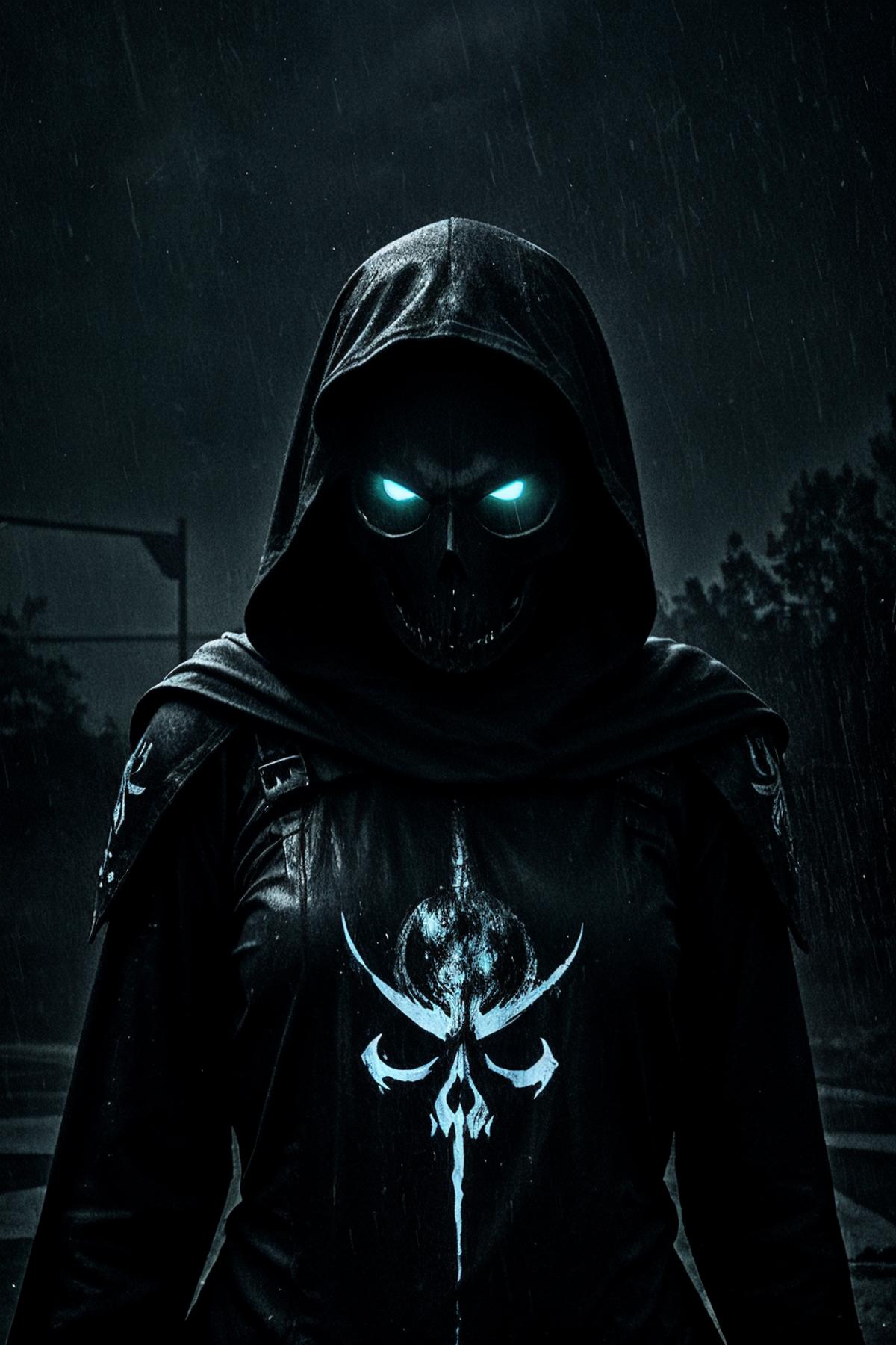 Black hooded figure with blue eyes and a white and black emblem on the chest.