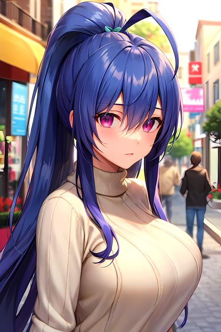 (masterpiece:1.2, best quality), (finely detailed beautiful eyes: 1.2), solo focus,    (ultra-detailed, hires),  (modern day, beautiful detailed face, beautiful detailed eyes),   1girl,  , mai natsume, long hair,   ponytail , blue hair, very long hair, hair between eyes , antenna hair, yellow hair bow, sidelocks , large breasts , sweater, shirt, jeans, casual clothes,  High contrast, beautiful elegant woman, adult, (best illumination, an extremely delicate and beautiful),(simple backround, outdoors, street, ), looking at viewer,beautiful detailed glow,