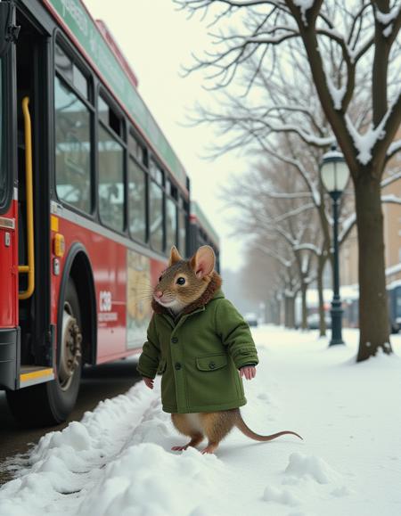 A vivid portrayal of a mouse in a winter setting. The mouse is dressed in a green coat with a fur collar, the trees are bare and in winter mode, its very cold, he's stepping of the bus onto the sidewalk, he's very small so it's a big jump for him,  he's very small against the scenery, 