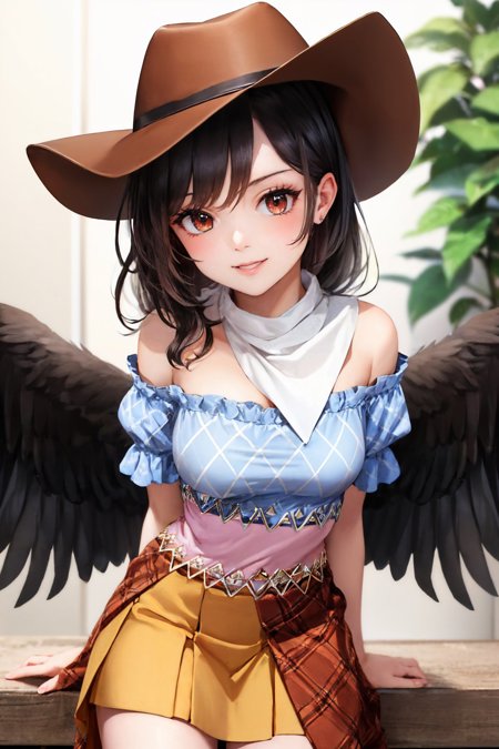 kurokoma saki cowboy hat blue shirt off shoulder puffy short sleeves brown skirt overskirt boots bandana feathered wings