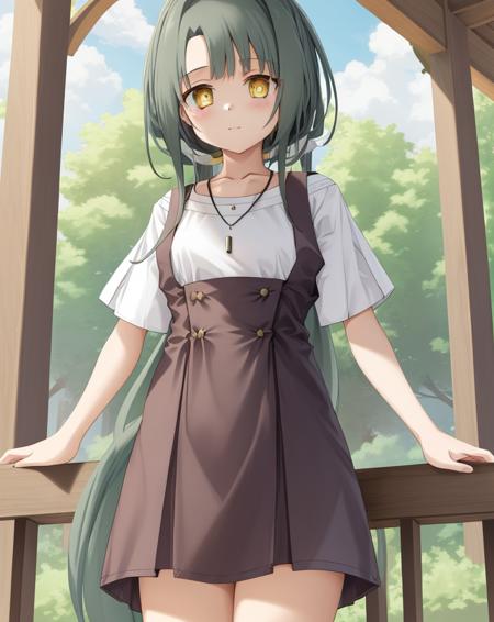 <lora:Yokote_Matsuri-10:0.8>,1girl, solo,shirt,dark green hair,dress, very long hair, yellow eyes, white shirt, short sleeves, necklace, pinafore dress,grey socks,