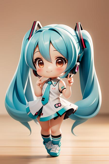 chibi, masterpiece, best quality, original, official art,full body,1girl, 1girl, solo, blush, smile, kawaii, hatsune miku,blurred background,<lora:GoodHands-beta2:1>, cartoon rendering,