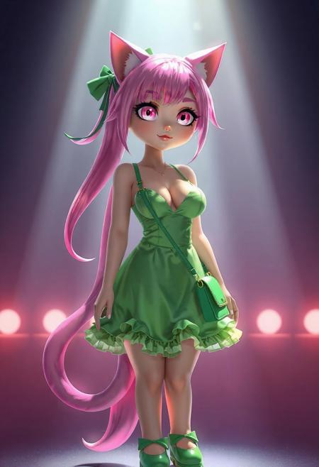 Realistic anime. 3d Pixar , Cat girl with neon pink hair that reaches the floor, sparkling pale pink eyes, voluptious, big boobs, wearing a short, slutty, green sundress with a ridiculous amount of frilly ruffles on the hem, cleavage, cute face, ribbons in hair, green Mary Jane shoes, green cross body purse,  glow, god rays, ethereal, dreamy, heavenly, otherworldly, dream-like, breathtaking, captivating, divine, Bioluminescent, realistic 3d, hd 4k 8k high definition best quality