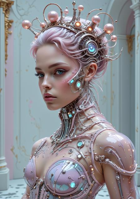 midjourneyv6.1, muscle_bimbo, score_9, score_8, score_7, The image is a high-resolution upper body portrait of a pastel sci-fi wired-cyborg Rococo cyborg princess, her face adorned with intricate, metallic filigree that seamlessly merges with her soft, porcelain-like skin. The background is a dreamscape of pastel hues—soft lavenders, powder blues, and pale pinks—evoking a surreal, futuristic elegance. Her hairstyle is a gravity-defying masterpiece, a pastel-pink bouffant interwoven with shimmering, metallic strands and glowing circuits that pulse faintly. She wears an ornate, futuristic crown with filigree patterns that mimic the intricate designs of Rococo art but are composed of sleek, chrome-like materials. Her outfit is a fusion of flowing Rococo gowns and high-tech cybernetic elements: a corset of translucent material that glows faintly, combined with metallic ruffles and programmable, color-shifting fabric that moves as if alive. The neckline is daring, with circuits and glowing accents emphasizing her regal, yet futuristic, aesthetic. Her hand, partly visible, is a sleek cybernetic masterpiece holding a delicate scepter, its translucent tip radiating a soft, pastel glow. Behind her, floating orbs and architectural shapes inspired by Rococo swirls hover, creating a sense of depth and whimsy. The composition is a harmonious blend of sharp, pop-art lines and soft, painterly pastels. The entire scene feels both retro-futuristic and timeless, capturing the fusion of elegance and technology in this spacetime princess.<lora:lora\aidmaMidjourneyV6.1-v0.1.safetensors:0.8:0.8><lora:lora\Muscle_Bimbo_SDXL.safetensors:1.0:1.0><lora:lora\Derelict_Faces_e31.safetensors:0.8:0.8>