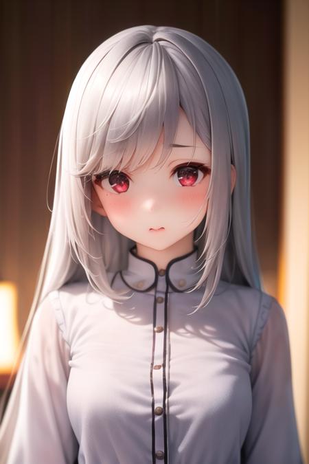 masterpiece, best quality, 1girl, upper body, silver hair, red eyes, shirts, indoors, delicate, beautiful, colorful, vividcolor, lighting, beautiful face, beautiful eyes, beautiful girl, delicate face, delicate girl, depth of field, blurry background, blurry foreground