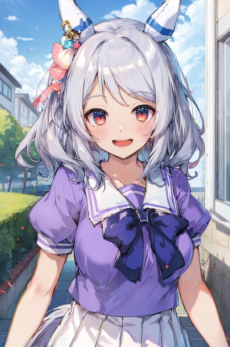 absurdres, highres, ultra detailed, <lora:hishi_miracle_v1_25e:0.65> hishi_miracle, horse girl, horse tail, horse ears, medium hair, red eyes, hair ornament, grey hair, blue hair, ear covers, large breasts, tracen summer uniform, tracen school uniform, school uniform, summer uniform, serafuku, pleated skirt, purple shirt, puffy sleeves, puffy short sleeves, short sleeves, sailor collar, sailor shirt, white skirt, frilled skirt, miniskirt, horseshoe ornament, bow, bowtie, smile, open mouth, upper body