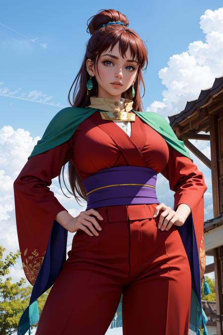 masterpiece, best quality, kukuru, earrings, red kimono, huge breasts, green scarf, red pants, whole body, from below, looking at viewer, hands to hips, sky <lora:kukuru-nvwls-v1-000010:0.9>