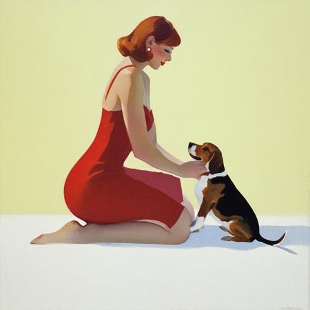 A vibrant abstract dario painting of a vibrant, red-haired woman in a form-fitting red dress, holding a red square in one hand and a red pillow in the other. She is positionedagainst a backdrop of yellow and white. To her right, a Basset Hound dog with a white and brown coat is sitting on the floor, also holding a red square. The overall ambiance of the image is playful and retro, reminiscent of mid-20th century pin-up art.
