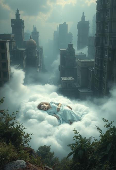 Create a surreal, dreamlike scene of a city that has been abandoned and reclaimed by nature. In the center of the image, a lone figure lies sleeping on a bed of soft, white clouds, surrounded by a halo of soft, pulsing light. The figure is dressed in a flowing, white gown, and their face is serene and peaceful. The city is made up of fragments of memories and emotions, and the mist is filled with the whispers of forgotten thoughts and desires. The figure is the embodiment of the city's collective unconscious, and the city is dreaming. Style: surreal, dreamlike, mystical. Colors: soft, pastel, glowing. Highest-Quality, 4k