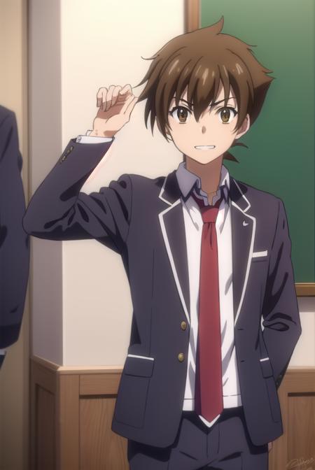 isseihyoudou, <lora:issei hyoudou anime s1-lora-nochekaiser:1>,
issei hyoudou, brown hair, (brown eyes:1.5), male focus, smile, grin,
BREAK long sleeves, school uniform, jacket, necktie, pants, black jacket, red necktie,
BREAK indoors, classroom,
BREAK looking at viewer, (cowboy shot:1.5),
BREAK <lyco:GoodHands-beta2:1>, (masterpiece:1.2), best quality, high resolution, unity 8k wallpaper, (illustration:0.8), (beautiful detailed eyes:1.6), extremely detailed face, perfect lighting, extremely detailed CG, (perfect hands, perfect anatomy),