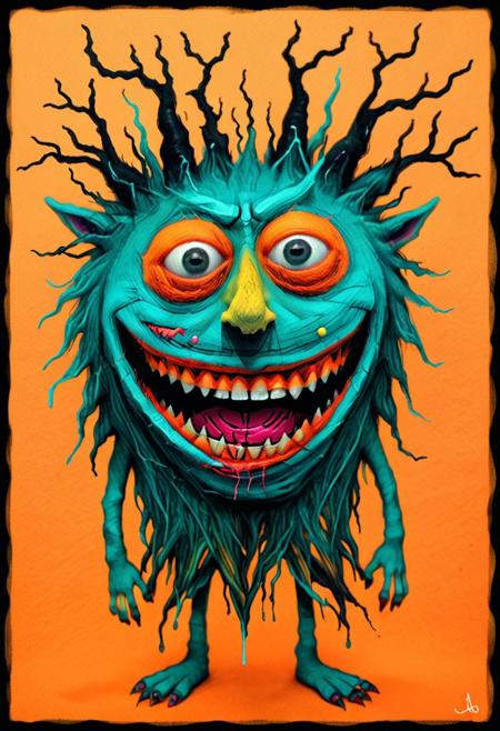 colorful, creepy drawing, simple illustration, childlike illustration. creepy, scary, wonderful creatures, World Morph Felt, 
an adroit d3press1on illustration, in the playful scribble drawing style. triadic complementary colors, dark and moody surreal nightmare of an eerie laugh, a mouth distorted, wide grin, and full of sharp nails, in the realm of the damned dreaded souls, teal and orange color grading, yellow abstract geometric gradients stain the orangish background
