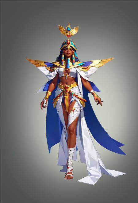 Concept art, hand-drawn drawings, Egyptian costumes, original character designs, 1girl, solo, dark skin, dark-skinned female, bandages, bandaged leg, jewelry, grey background, full body, looking at viewer, simple background, breasts, long hair, bandaged arm
<lora:Exotic:0.8>,<lora:bichu-v0612:0.6>,