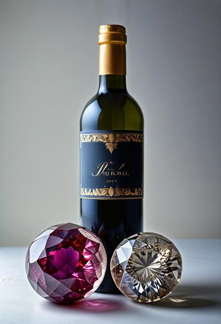 rp_slgd, 2balls1shaft, still life, An epic photo of two round gems, wine bottle, simple background, realistic, masterpiece, best quality, highly detailed, sharp focus, dynamic lighting,