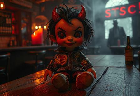 a horror version, of a small fabric plush doll, male, warm skin, devil like red eyes, empty, black hair with some green lines in it, smiling like death itself, a fine black and white clothes with detailed golden roses on it, red old and dirty sneakers, white socks, black knuggle handshoes, i bit gothic style. 
sitting on a wooden table in a old dark tavern, strange warm and red lights, brothel like, a silhouette of a bulky man in the background, on a bar and tables, some drinks and empty whisky bottle, fog, foggy, (big glowing red candly with a black writing "STSC"),
dslr 8k