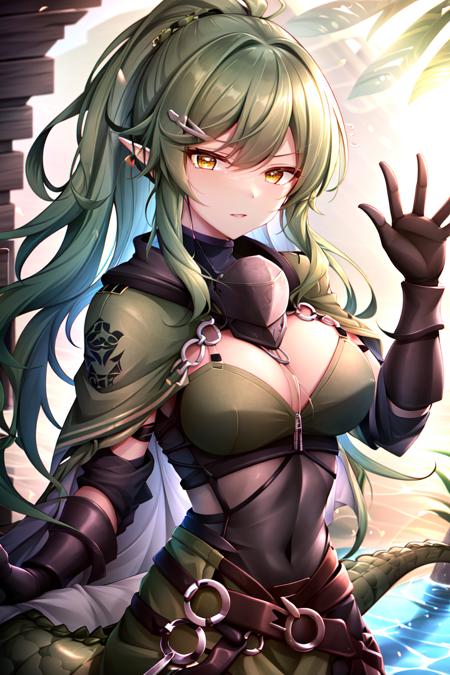 masterpiece, best quality, ultra-detailed, gavial, green hair, armored dress, <lora:Gavial:0.8>