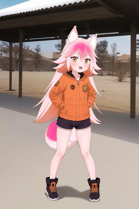 1girl, winter city background, little girl, animal ears, wolf ears, wolf tail, full body, murenase, pink hair, orange eyes, ((camel toe)), shorts