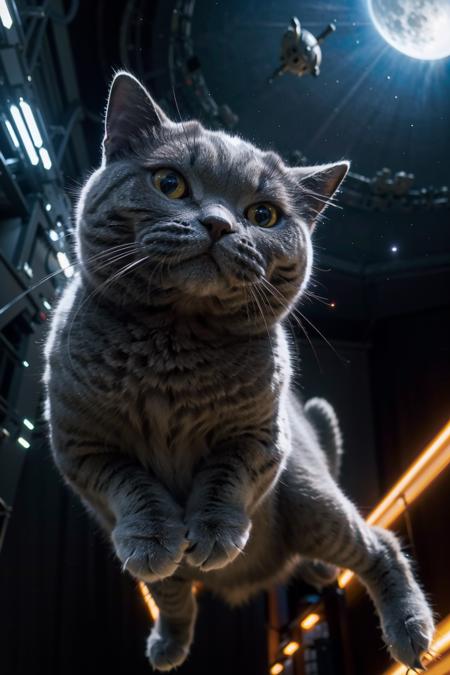 ((masterpiece), (best quality), ultra high res, (raw photo:1.2), (photorealistic:1.4), Exceptional detail, dramatic lighting, highres,   8k, absurdres,  1cat, Chartreux, universe, night sky,  aliens,  alien space ship, spaceship light on cat,
animal focus, animal, no humans, realistic, looking at viewer, Jumping from above, paw
<lora:Chartreux_38-000002:0.6>,