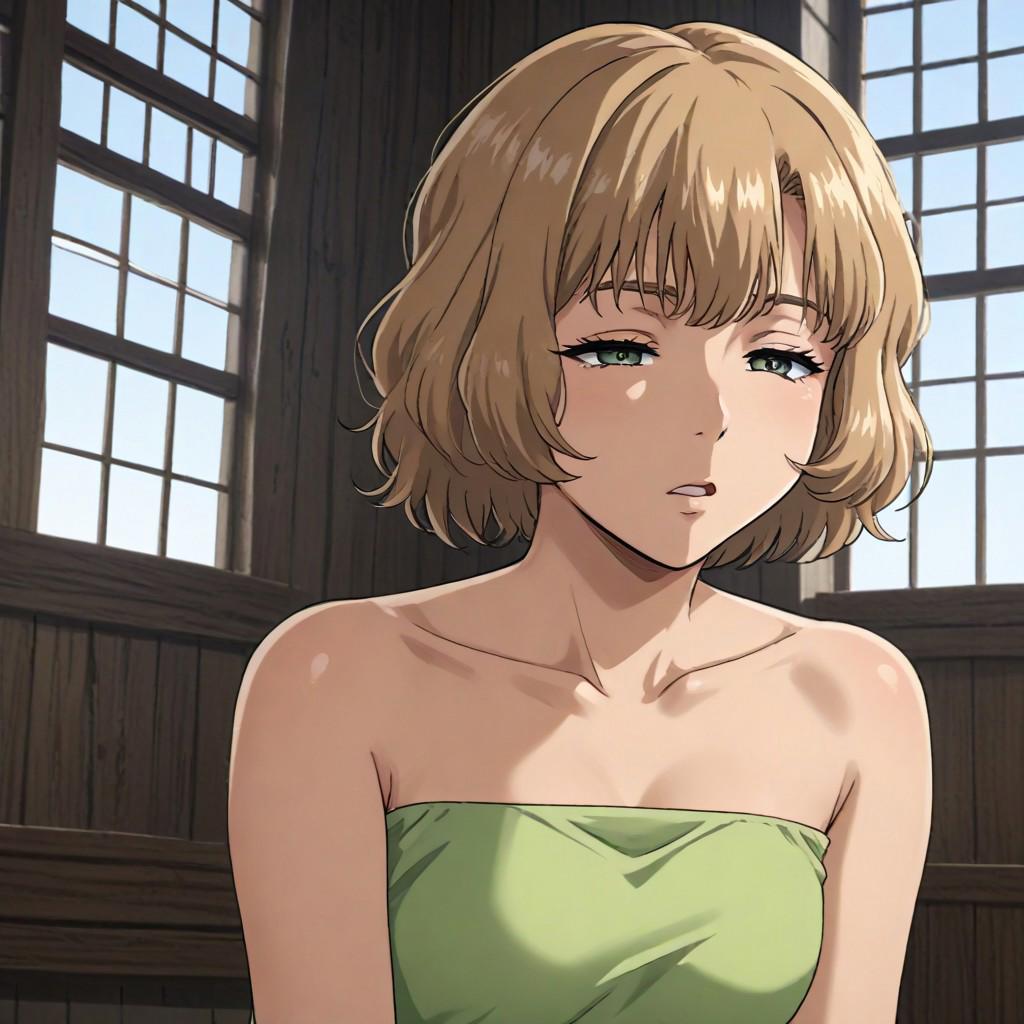 Background scenery, gym, wood walls, germanic style interior, window, daylight beam inside, beautiful angle, masterpiece, perfect quality, source_cartoon, source_anime, hitch dreyse, green eyes, short curly hair, green strapless tube top, bare upper body, sleeveless, black gym booty shorts, uninterested face, tired look, sleepy face, closed eyes, sitting down, relaxing, yawning,