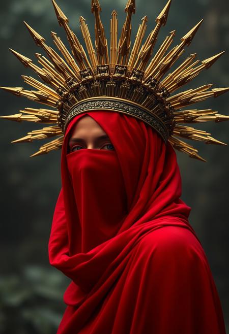 lady in red veils her face and has a large golden spiked crown, in the style of celestial fasion, otherworldly beauty, davide sorrenti, celestialpunk, album covers, fra angelico, aykut aydogdu, queencore, golden age aesthetics