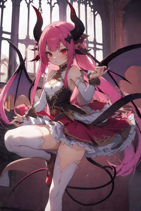 reddemon horns, pink hair, demon tail, demon wings, detached sleeves, small breasts, thighhighs, dress, bare shoulders,hair ornament, white thighhighs,