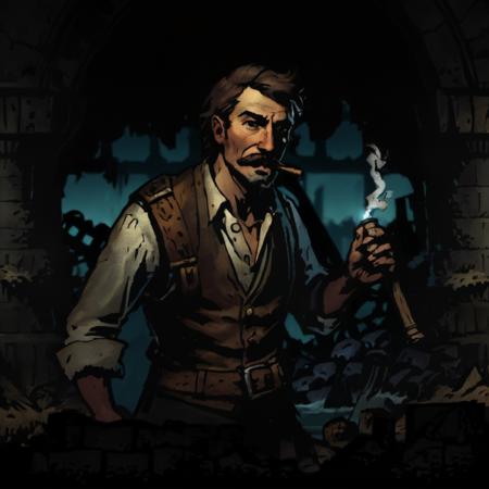 portrait, impressionistic painting by John Longstaff, DarkestDungeon, (DDAreaWarrens, (thatch hut, shipwreck), dark sky, sewer grate), 1boy, brown hair, greying hair, seen from the side, brown moustache, smoking a pipe, wearing leather backpack, bag in front of him, (telescope strapped to his vest), wearing bag with diagonal strap, wearing white sweater-vest, holding dagger, wooden cart and wooden barrels in the background, (extremely dark), (rimlight, intense highlight, bright light behind him), masterpiece, best quality, cinematic composition, vibrant, best lighting