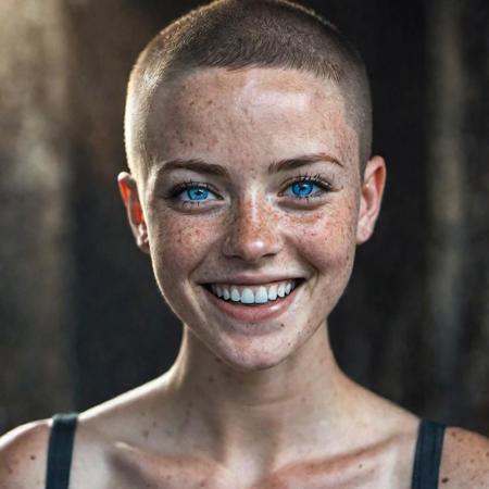 beautiful lady, (freckles), big smile, blue eyes, buzzcut hair, dark makeup, hyperdetailed photography, soft light, head and shoulders portrait, cover as laracroft