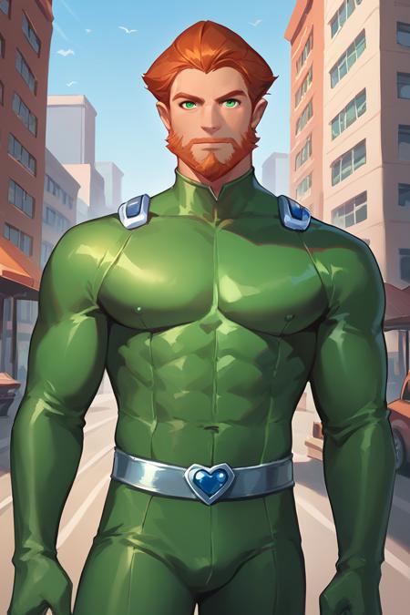 score_9, score_8_up, score_7_up, sam \(totally spies\), orange hair,  short hair, green eyes, beard, green bodysuit, belt, 1boy, solo, male focus, mature male, looking at viewer, cowboy shot, standing, outdoors, city, building <lora:brj-sam-ponyXL-v0.5:0.7> <lora:Smooth Anime 2 Style SDXL_LoRA_Pony Diffusion V6 XL:1>