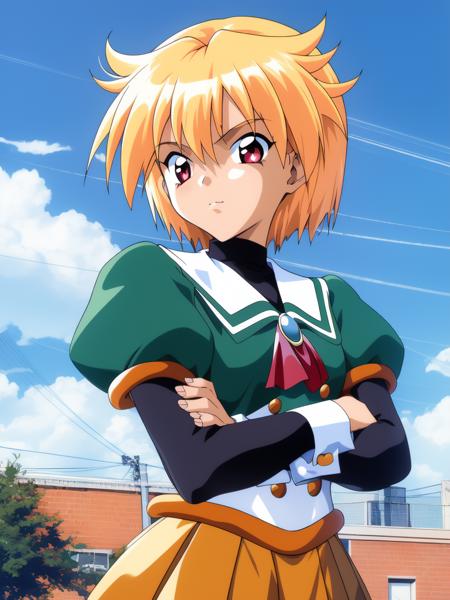 <lora:Ijuin_Mei:1>, IjuinMei, 1girl, solo, blonde hair, short hair, crossed arms, red eyes, skirt, green shirt, sky, shirt, puffy sleeves, school uniform, wrist cuffs, brooch, long sleeves, pleated skirt, looking at viewer,
masterpiece, high quality, very_high_resolution, large_filesize, full color,