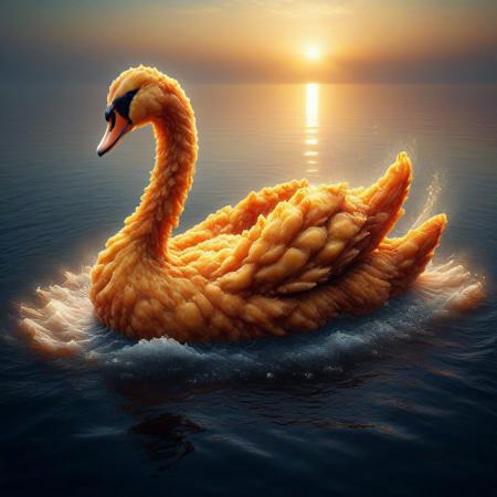 A deep-fried swan, golden and crispy, floating in a vast lake of rich, dark soy sauce. The scene is highly detailed, with steam rising from the swan’s crispy skin, oil glistening under the soft ambient light. The soy sauce lake reflects the warm hues of the setting sun, creating a surreal and cinematic atmosphere. The composition is artistic, blending realism with surrealism, evoking a sense of both culinary artistry and dreamlike fantasy. High-resolution, intricate textures, dramatic lighting, hyper-realistic food photography style. Dfc
,