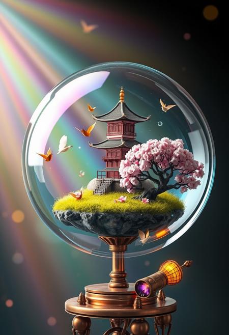 Step into a mesmerizing dreamscape where reality sways with imagination! At its core, a colossal soap bubble shimmers with cascading, ethereal rainbows. Inside this delicate sphere, a whimsical Japanese pagoda floats, its walls draped in vibrant candy-striped silk and its roof a cascade of golden origami cranes, each gently fluttering.
This fantastical pagoda perches atop a floating island of neon-green grass that sparkles as if dusted with fairy dust. Encircling it, cherry blossom trees burst with clouds of cotton candy blooms, their petals swirling in pink whirlwinds and releasing faint, sweet fragrances. Nearby, a playful bonsai tree, with shifting leaves in a kaleidoscope of colors, beams cheerfully, while ethereal firefly fairies dance among its branches, casting a soft, glimmering light.
The bubble rests on a fantastical contraption of polished copper and glowing gemstones, teetering on oversized moss-covered blocks inscribed with “WONDERS OF FLUX” in whimsical script. Surrounding the scene, a moat of liquid starlight ripples with leaping origami koi fish. In the background, an enchanted forest reveals ice cream-flavored tree trunks and giant mushrooms. Shafts of prismatic light cut through the canopy, revealing mischievous cloud sheep in a sky shifting from bubblegum pink to electric blue. The scene bursts with electric purples, lime greens, sunset oranges, and cerulean blues, creating a harmonious tapestry of whimsy and wonder.