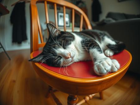 photo: wide angle photo, you can see a chair and a table, on the chair there is a black and white cat lying down, looking at the camera with a sleeping face.